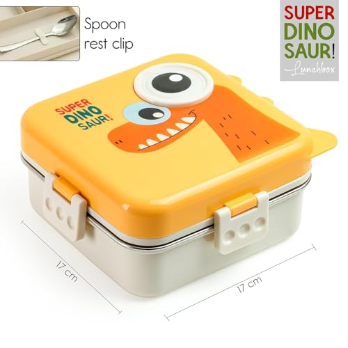 Image of PRIME DEALS BPA-Free Leak-Resistant Stainless Steel Insulated Tiffin for School with Spoon Dinosaur Lunch Box for Kids Bento Box with Tray & Container | 1120ml + 70ml (Yellow, Dinosaur)