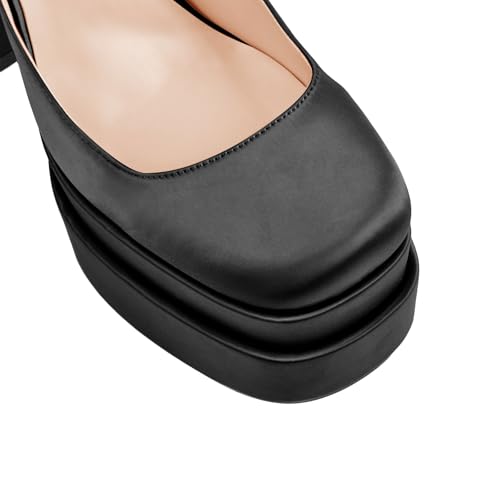 Onlymaker Platform Chunky Heels for Women Square Toe Rhinestone Ankle Strap Satin Pumps Heels3