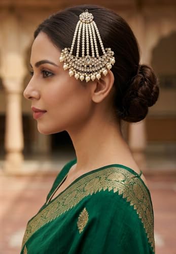 Image of Gold-Plated Head Passa Jewelry For Women Kundan Pearl Studded & Beaded Passa /Matha Patti Jhoomar Jewellery for Women & Girls Birthday Gifts