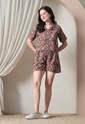Image of Women Cotton Pajama Set Shirt & Shorts | Co-Ord Night Suit Soft Breathable Printed Sleepwear Lounge Wear Comfortable