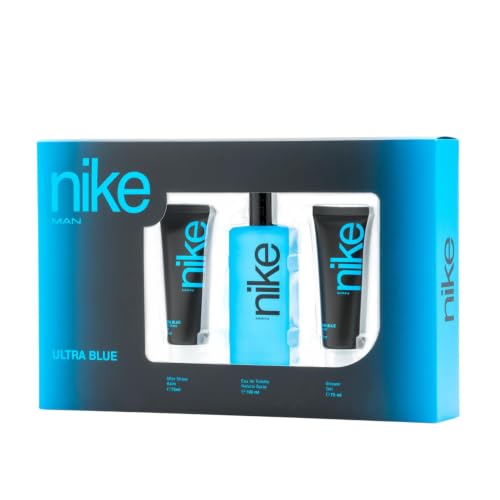 NIKE - Ultra Blue Colonia 100 ml + Gel de Baño 75 ml + After Shave 75 ml, Estuche de Regalo Hombre, Eau de Toilette Natural y Masculina, Aroma Oriental Floral, Fragancia Fresca, Valiente y Duradera