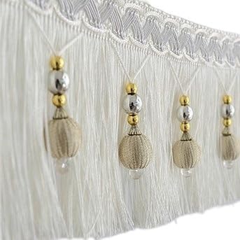 Cuentas de bola colgante con borla y cinta de flecos blanca para manualidades caseras