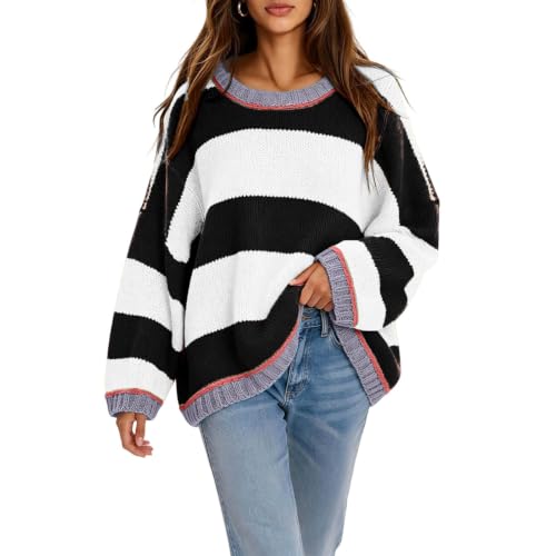 Oversized Sweaters for Women Wide Stripe Crew Neck Knit Pullover Fall Tops - image 8