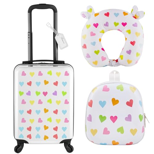 Sanwuta 4 Pieces Heart Luggage for Girls 18 Inch Kids Rolling Luggage White Travel Rolling Suitcase with Wheels Kids Luggage Set with Backpack Neck Pillow Name Tag