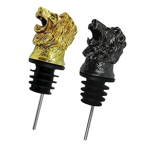 SOLUSTRE 2pcs Lion Head Shaped Wine Pourer Stoppers Unique Wine Bottle Caps for Home Parties Beverage Bottle Stopper Golden Black Creative Design for Effortless Pouring