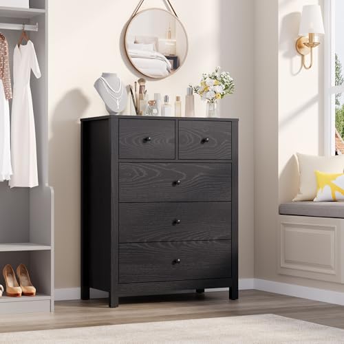 IDEALHOUSE Black Dresser for Bedroom, Tall 5 Drawer Dresser with Deep Drawers & Metal Knobs, Modern Wooden Double Chests of Drawers for Kids Bedroom, Entryway, Hallway