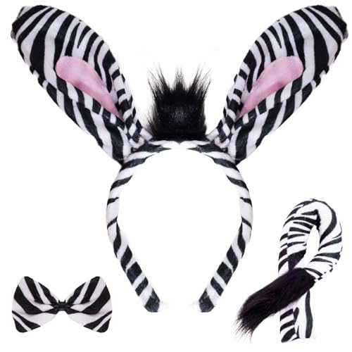 Hftjtsa 3 Pcs Zebra Costume Set Zebra Ears Headband Tail Bow Tie Costume Accessories for Adults Halloween Party Cosplay