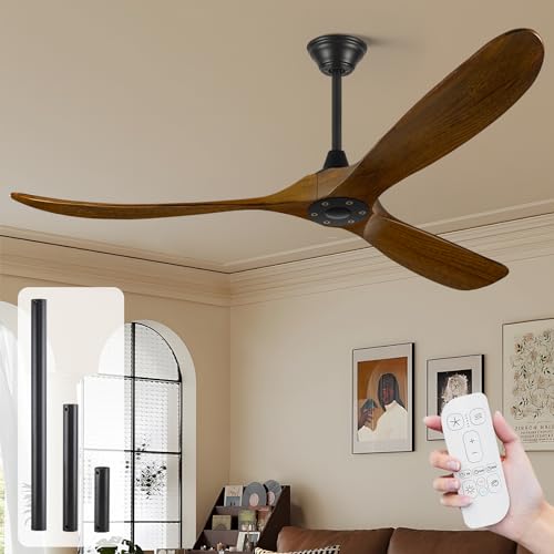 Ventilador de techo de 132 cm con mando a distancia, ventilador de techo exterior de 3 aspas con hélice de madera sin luz para patios, motor de CC, temporización de 1-8 h, Negro + Nogal