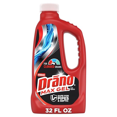 Drano Max Gel Drain Clog Remover & Cleaner, Fast-Acting to Unclog Standing Water & Remove Hair, Grease & Food Blockages, Safe for all Pipes & Septic, Kitchen Sinks, Bathroom Showers & Tubs, 32 Oz