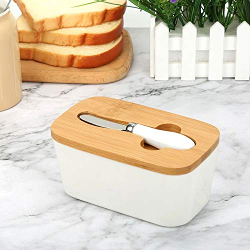 Vencier Porcelain Butter Dish With Knife and Wooden Bamboo Lid - French Style With Insulated Storage - Image 3