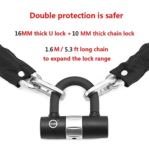 AKM Security Bike Chain Lock Cut Proof Heavy Duty Bicycle Lock with 16mm U Lock,5.3-Feet Motorbike Lock Black