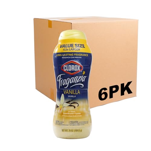 Image of Clorox Fraganzia Laundry Scent Booster Crystals, In-Wash Fragrance Beads for Fresh-Smelling Clothes & Linens, Safe for All Fabrics & Colors, Easy-Pour Bottle, Vanilla Scent, 70 Oz - 6 Pack