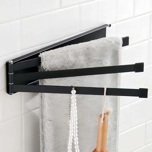 Small Swivel Foldable Towel Rack Elfthloo 24cm(9.45 in) Rotating 3-Arm Towel Bar Rod Space Saving Wall Mounted Holder Stainless Steel Swing Out Hanger for Bathroom Kitchen (1 Pack Matte Black)