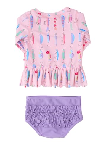 Image of RuffleButts Baby /Toddler Girls Scalloped Long Sleeve Rash Guard 2-Piece UPF50+ Sun Protected Swimsuit