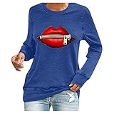  N\\C Damen Sweatshirt Casual Lose Langarmshirt Rundhals Lippen Pullover Bluse Oberteile (A Blau, S)