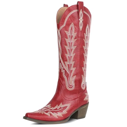 mikarka Cowboy Boots for Women Cowgirl Boots Knee High Western Boots w/Classic Embroidered Pointed Toe Slip-On Chunky Heel Pull On Retro Fashion Tall Long Boot for Ladies