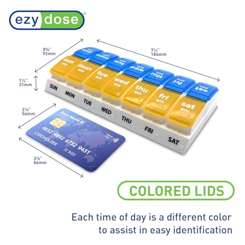 Image of EZY DOSE Weekly AM /PM Pill Organizer, 7-Day Vitamin and Medication Box with Large Pop-Out Compartments, 2 Times a Day Pill Holder for Easy Dosing, Yellow and Blue Lids, Travel-Friendly Design