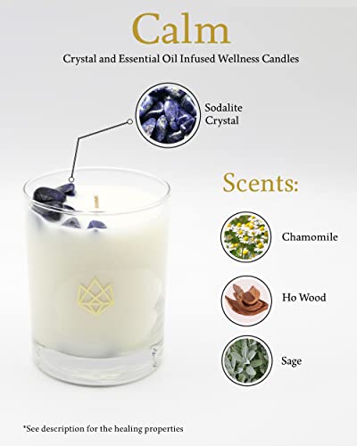 Aluminate Life Luxury Glass Jar Candle, 14.5 Oz, Calm - Sodalite Healing Crystal Infused - Scents Of Chamomile, Howood, & Sage - Destress, Insight, Serenity, & Peace - Coconut Wax, Essential Oils #TOP2