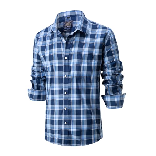 Lonvera1840 Men’s 100% Cotton Plaid Shirt, Long Sleeve Regular Fit with Pocket, Classic Tartan Check, Smart Casual Shirt for Work & Weekend, S–4XL (Blue)