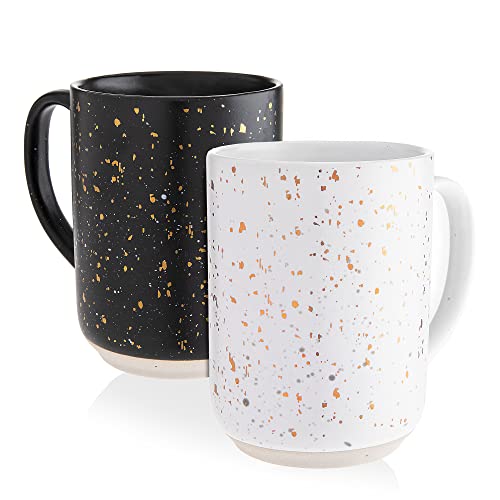 Set of 2 Stoneware Coffee Mugs- Stylish Printed Coffee Cups, Mugs for Tea, Latte, and Hot Chocolate, 16 oz (Black & White with Gold Flakes) by Belle Maison