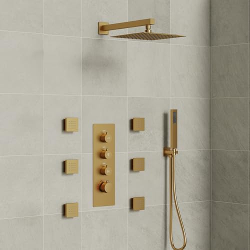 EVERSTEIN 12 High-Pressure Rainfall Shower System with Handheld Spray & 6 Body Jets Wall Mount Rough in-Valve(Brushed Gold)