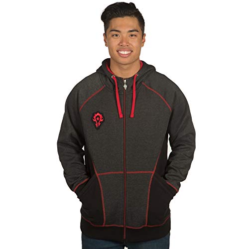 JINX World of Warcraft Horde Classic Men's Gamer Zip-Up Hoodie, Charcoal Heather/Red, Large