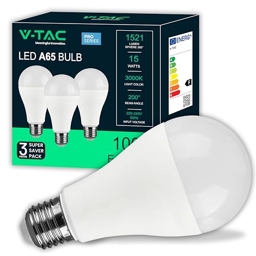 V-TAC 3 bombillas LED 15 W de alta luminosidad 1521 lúmenes – E27 A65 – Bombillas nueva generación – 3000 K luz blanca cálida – Equivalentes a 100 W – Caja de 3