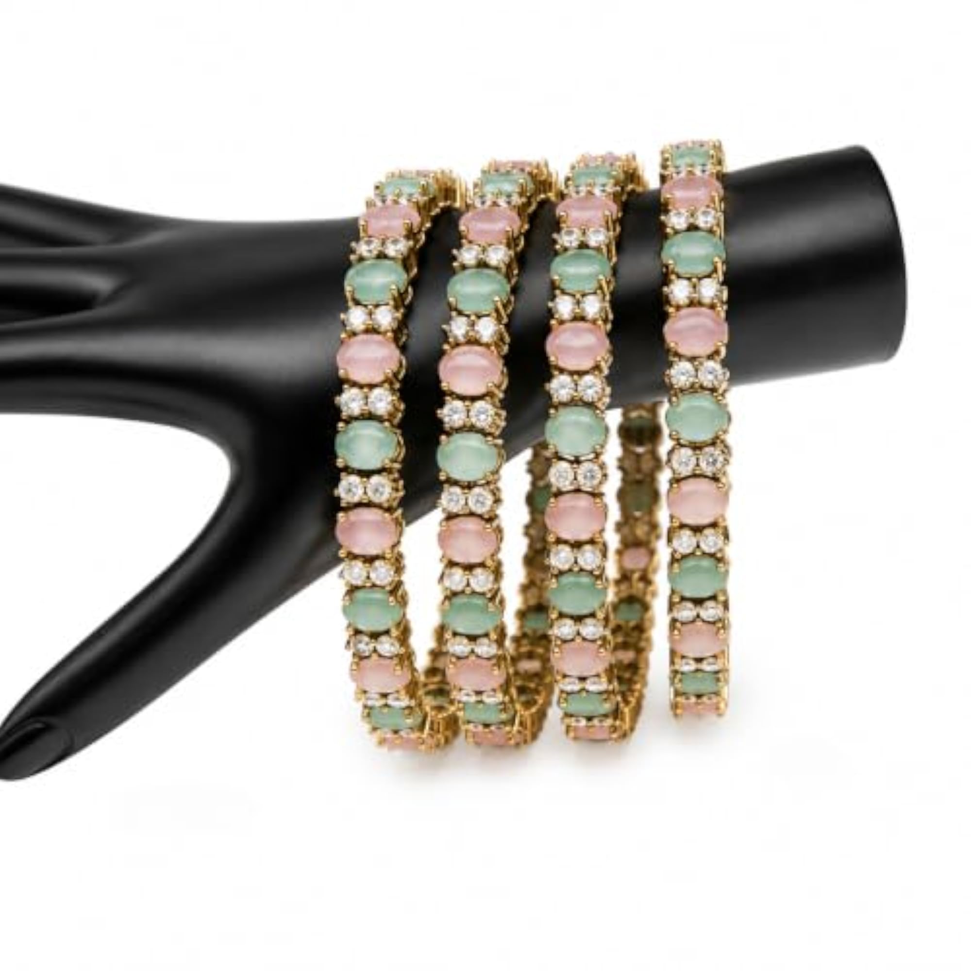 Gold Finish American Diamond Mint Green & Blush Pink Bangle Set