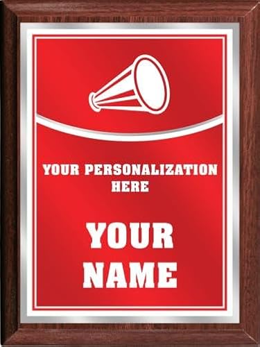 Crown Awards Cheerleading Personalized Plaque Award, 6x8 Color Printed Metal Plate with Custom Engraving, Red with White Plaque On Wood Finish Prime