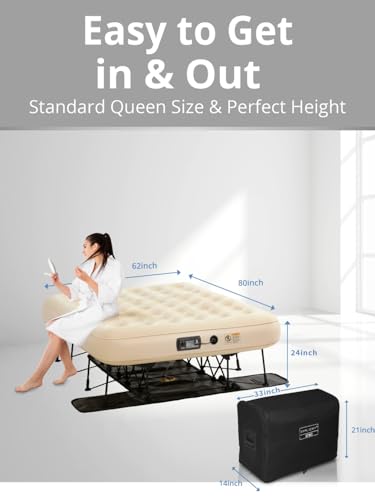 Simpli Comfy Queen EZ Bed Self-Inflating Air Mattress with Built-in Frame, Pump and Wheeled Case, Blow Up Inflatable Rolling Air Bed on Wheels