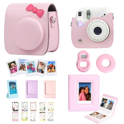 CAIYOULE Accessories for Fujifilm Instax Mini SE/7+/7c/7s Instant Camera Case Mini Film Album Photo Frames DIY Stickers Selfie Mirror Assist Circle Bundle Include PU Leather Bag-Pink Bow (No Camera)