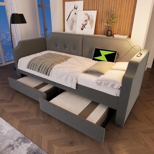 Cama tapizada gris de 90x200 para dormitorio juvenil con cajones amplios para guardar ropa 4