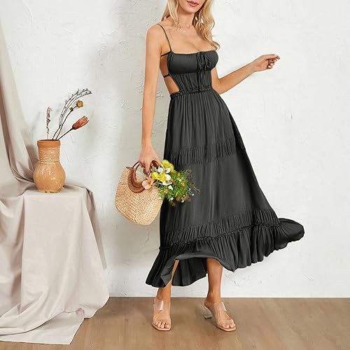 Image of Owl's-Yard Women Ruffle Spaghetti Strap Dress Sexy Backless Tiered Flowy Sundresses Boho Beach Long Dress Clubwear