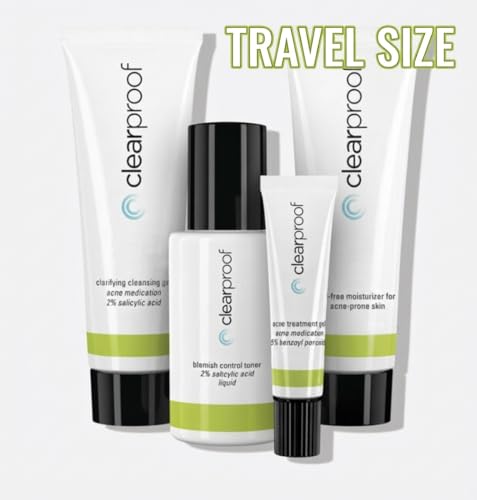 Clear Proof The Go Set – 4-Piece Acne System 7-Day Trial Travel Kit (Cleanser 1 oz, Toner 0.9 fl oz, Acne Treatment Gel 0.1 oz, Oil-Free Moisturizer 1 fl oz)
