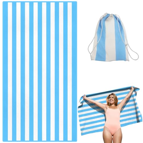 Victoper Microfiber Beach Towel Oversized Rapid Drying Sand Free Soft Compact Lightweight Qualities Beach Towels for Adults Ideal for Swimming Beach Yoga Gym Carry Bag Sky Blue Stripes 79x35 Inch