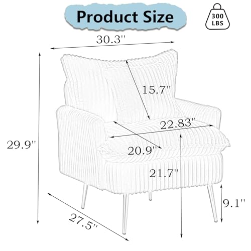 Sillón Corduroy Moderno Blanco con Brazos y Patas Doradas miniatura 2