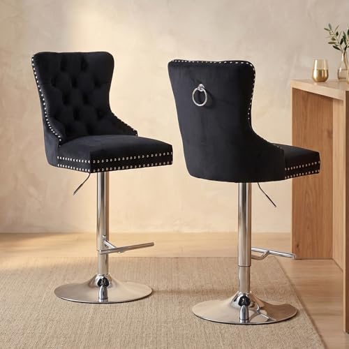 Black Velvet Upholstered Bar Stools Set of 2, Counter Height Adjustable Barstools, Modern Swivel Kitchen Island Chairs, Tufted Back, Silvery Chrome Metal Base, Taburetes de Bar (Black, Velvet, 2 Pcs)