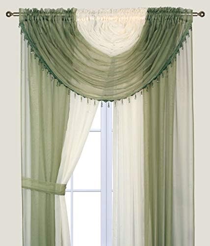 Elegant Home Complete Multicolor Window Sheer Curtain All-in-One Set with 4 Panels and 2 Valances With With Crystal Beads for Living Room, Dining Room, Or any other Windows- Laura (Sage Green / Beige)