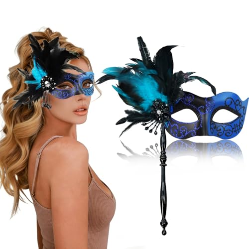 Huanmin Masque vénitien pour femme - Masque de bal masqué 2026 avec anses - Masque vénitien bleu - Masque de mascarade pour carnaval, fête, Halloween,...