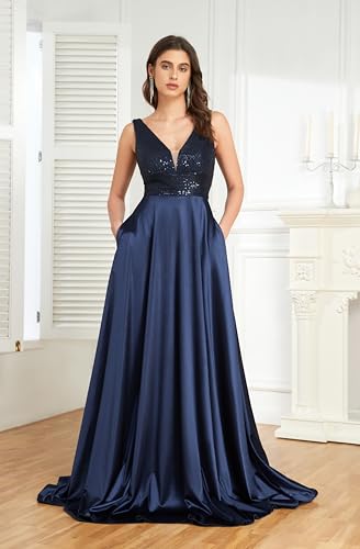 V Neck Sequin Prom Dress Satin Bridesmaid Dresses Long A-Line Formal Evening Gowns with Pockets AF0063