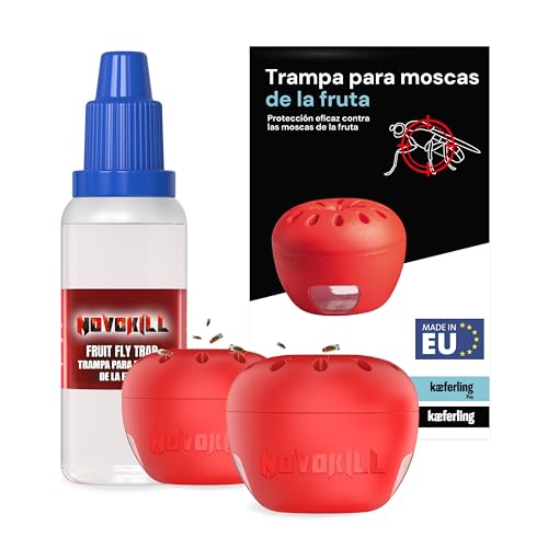 Novokill Trampa para Moscas de la Fruta – Líquido Atrayente 30ml + 2X Trampas – Eficaz contra Moscas de la Fruta – Larga Duración – Reutilizable – Ideal para la Cocina