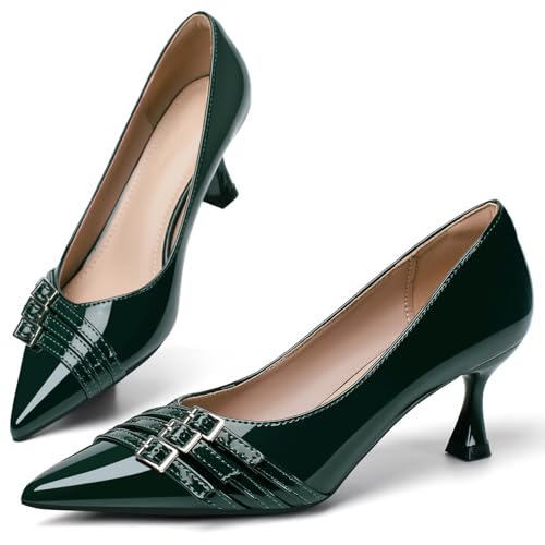 Green Kitten Heels for Women Leather Comfortable Closed Toe Pointed Toe Heels Wedding Party Dress Pumps Shoes Size 9