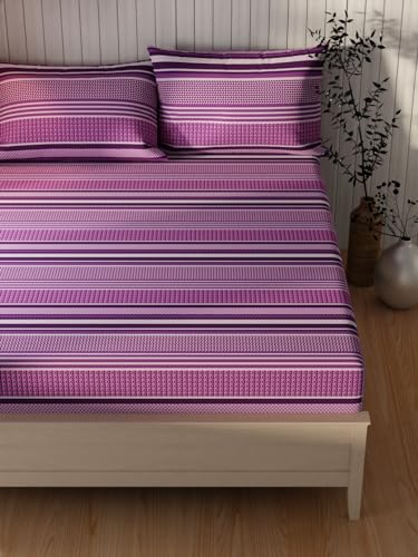 Image of KOPA Extra Smooth Cotton Double Bedsheet with 2 Pillow Covers -3pc Set (Lopez) | Extra Smooth Cotton | 1 Double Bedsheet with 2 King Size Pillow Covers Stripe-Pink /Purple