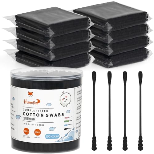 Image of Black Cotton Swabs Spiral - 1000 Count with 1 Container Organic Cotton Buds Double Side Tight Wounded Charcoal Cotton Tip Paper Stick Soft Lint-Free Cruelty-Free Goth, Round & Spiral (Black)