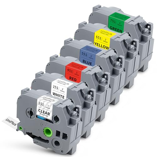 UniPlus 6-Pack Compatible for Brother Tze-251 Tze-151 Tze-451 Tze-551 Tze-651 Tze-751 24mm 0.94" TZ Laminated Label Tape PTouch 1 inch Tape Work for PTP700 PTD600 PTD610BT PTP710BT PTP750W PTP910BT by UniPlus - Used condition - US$20.58
