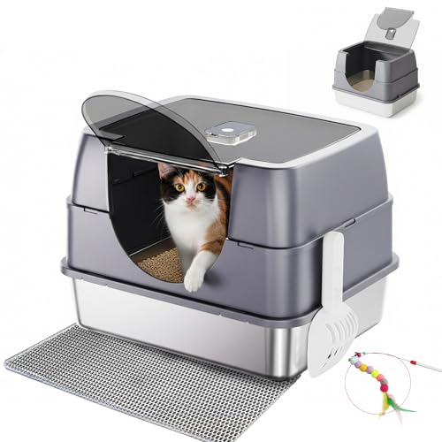 Tehoao Enclosed Cat Litter Box with Flip-Top Lid, Stainless Steel