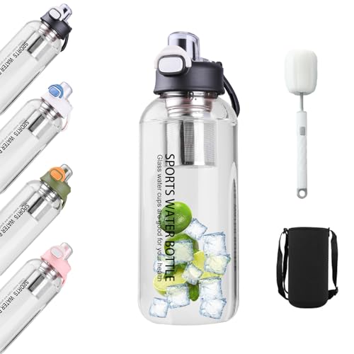 Trinkflasche Glas 1,5 L,Glasflasche mit strohhalm Filter&Bürste,Transparent Borosilicate GlasWasserflasche, Auslaufsichere Sportflasche für Fitness,Wandern,Camping,Schule&Büro-spülmaschinenfest(Black)