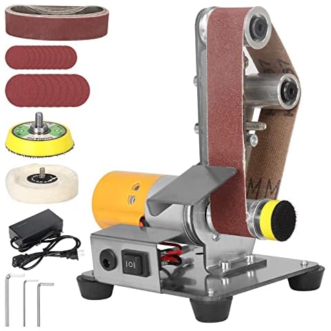 Electric Belt-Sander Polishing-Grinding Knife Sharpener, 7 Speed Adjustable Mini Power Sanding Machine Bench Grinder 13x1.2inch Belts For DIY Model Crafts Jewelry Making, Wood Metal Working Cover