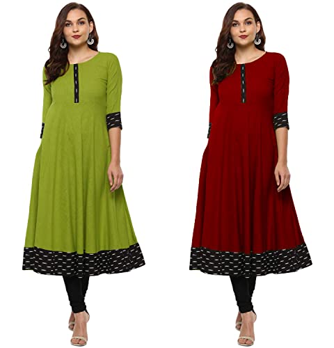Image of NATEK Cotton Anarkali Printed Border Kurtis for Women Combo Pack of 2