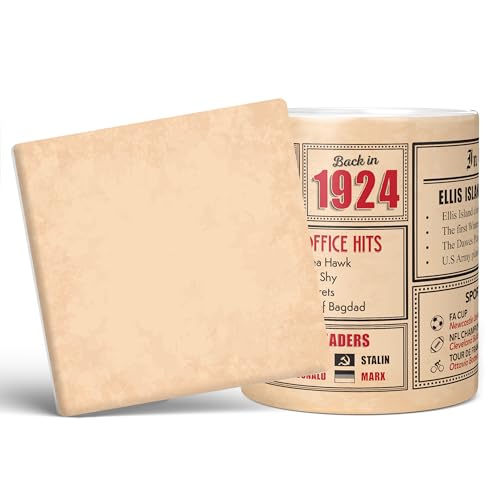 Mug Monster - Regalo de 101 cumpleaños – Taza de vuelta en 1924, regalo para hombres y mujeres, taza blanca de 20 onzas y posavasos